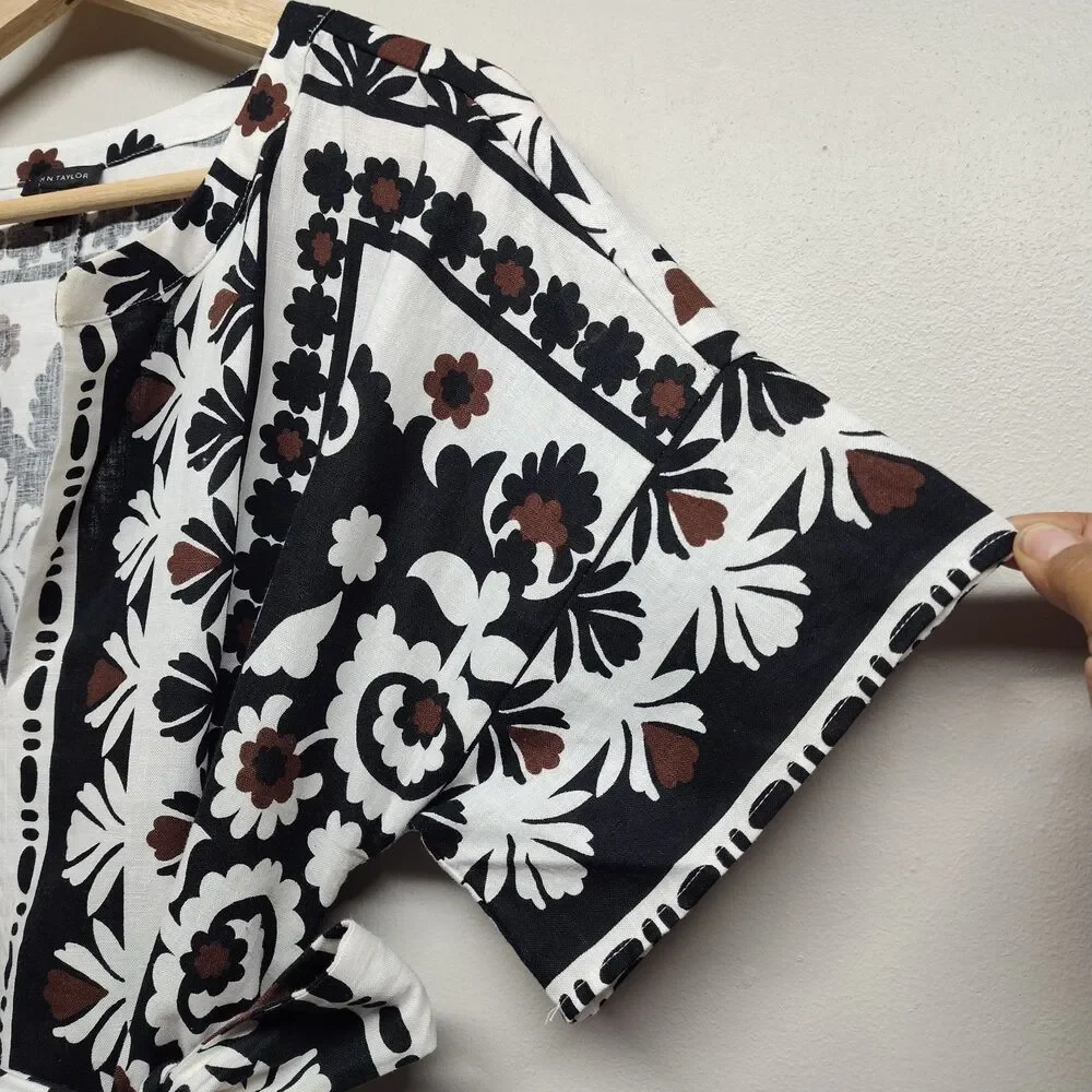 Ann Taylor Linen Blouse Top Women Size M White Floral Waist Tie Casual Feminine - Picture 3 of 9